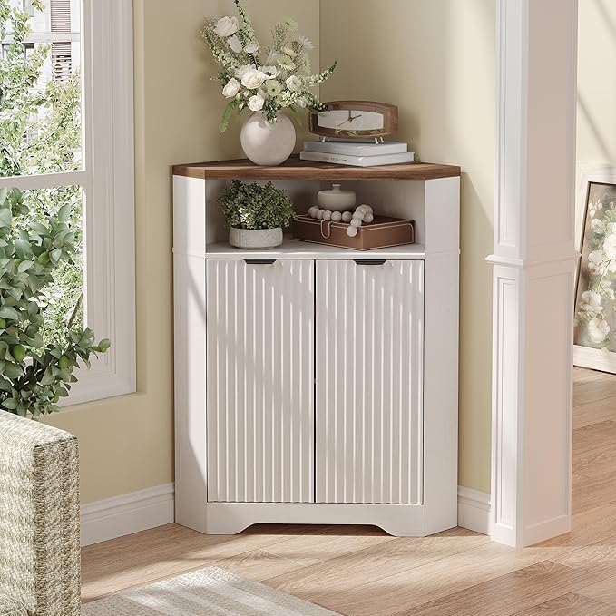 Vabches Corner Cabinet, Corner Bathroom Cabinet with Open Storage, Modern Fluted Storage Cabinet with 2 Doors and Adjustable Shelf, Home Space Saver for Bathroom, Kitchen, Living Room, Pantry, White