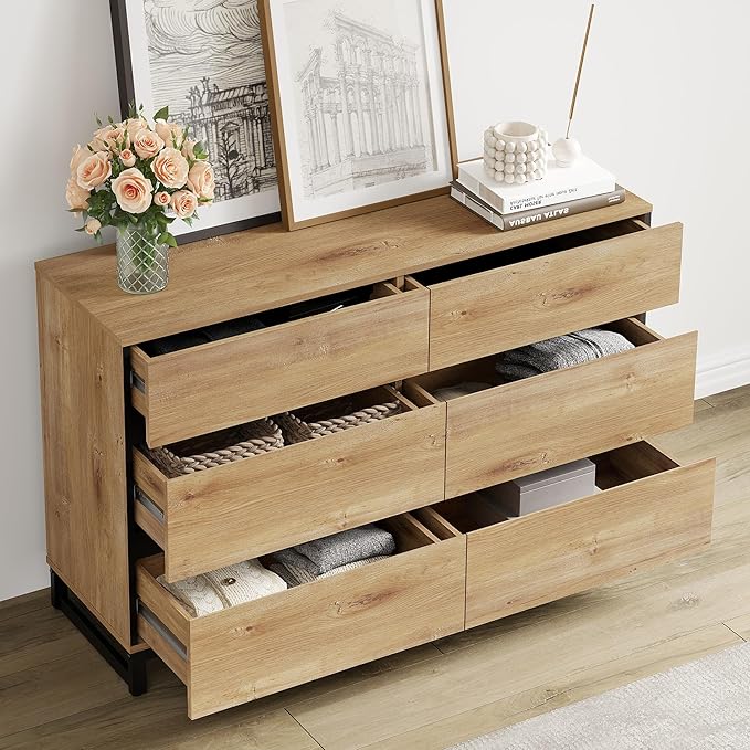 WAMPAT Dresser for Bedroom, Closet Organizers and Storage with 18 Drawers, Modern Wood Dresser with Metal Base, Chest of Drawers for Living Room, Bedroom, Oak