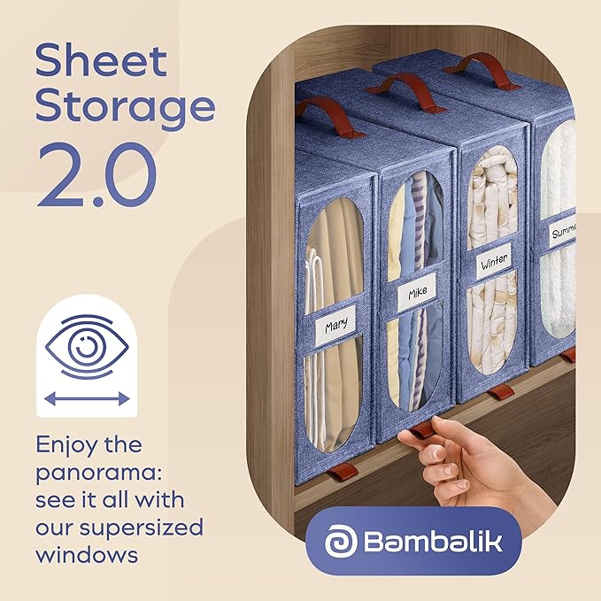4x Bed Sheet Organizer Storage Boxes with Big See-Through Windows - Bedsheet Organizers Redesigned. Robust Bed Sheet Storage -15x13x5 Inches Sheet Organizers Containers (Denim)