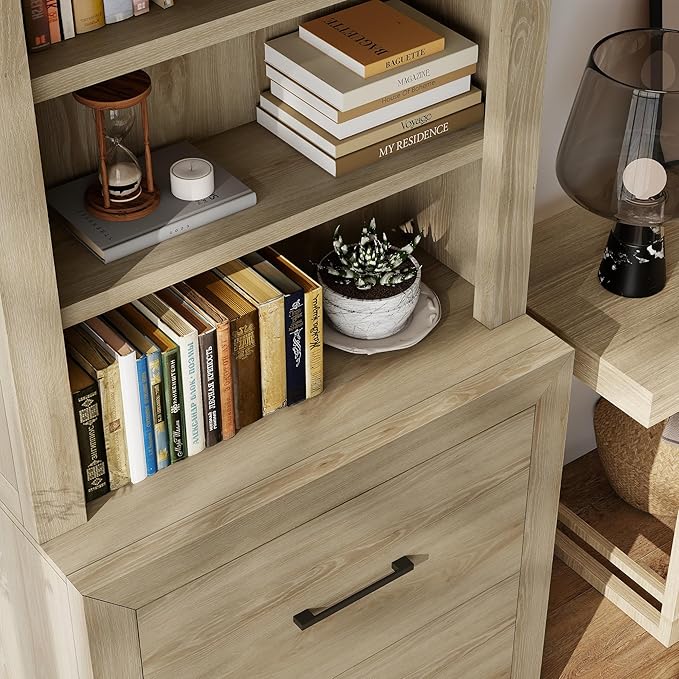 Multi-Depth Bookcase with 2 File Drawers, Bookshelves Floor Standing 3 Tier Adjustable Shelves Organizer and Storage, Solid Bookshelf for Home Office, Living Room, Bed Room