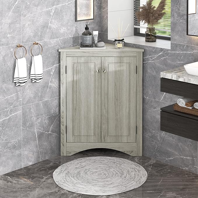 GDFStudio 31.5" H Triangle Corner Bathroom Storage Cabinet with Adjustable Shelves,Freestanding Floor Cabinet for Small Spaces,Water-Resistant Cabinet Modern Organizer for Home,Kitchen,Hallway, Oak