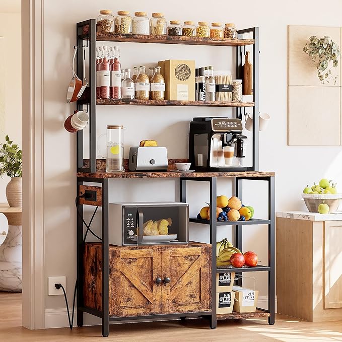 IRONCK Bakers Rack with Cabinet, Kitchen Bakers Rack with Power Outlets, Microwave Stand with Storage, Coffee Bar with 8 Metal Hooks
