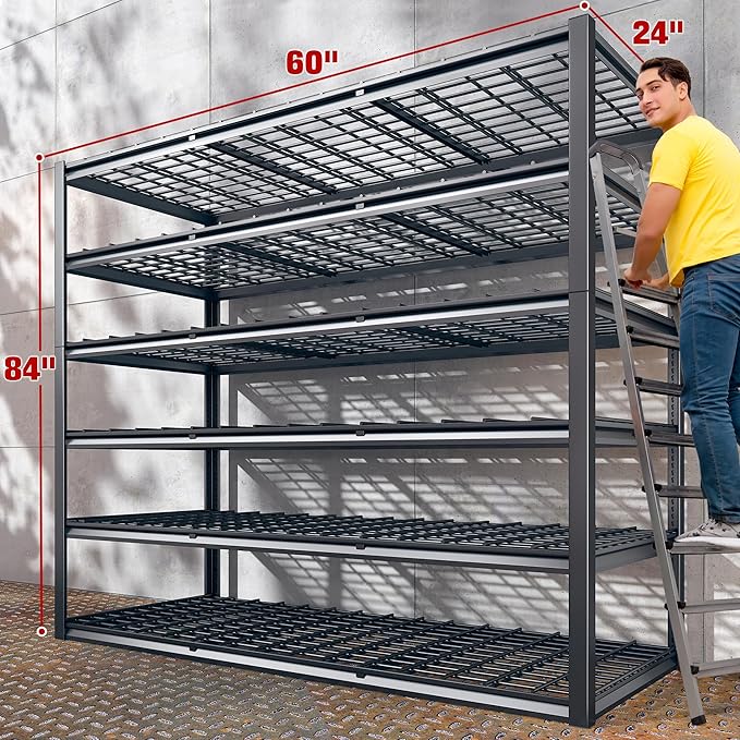 REIBII 60" W Garage Shelving, 3000LBS Metal Shelving Units, 6 Tier Storage Shelves, Adjustable Heavy Duty Shelving and Storage Rack for Warehouse, Pantry, Basement, 60" W x 84" Hx 24" D