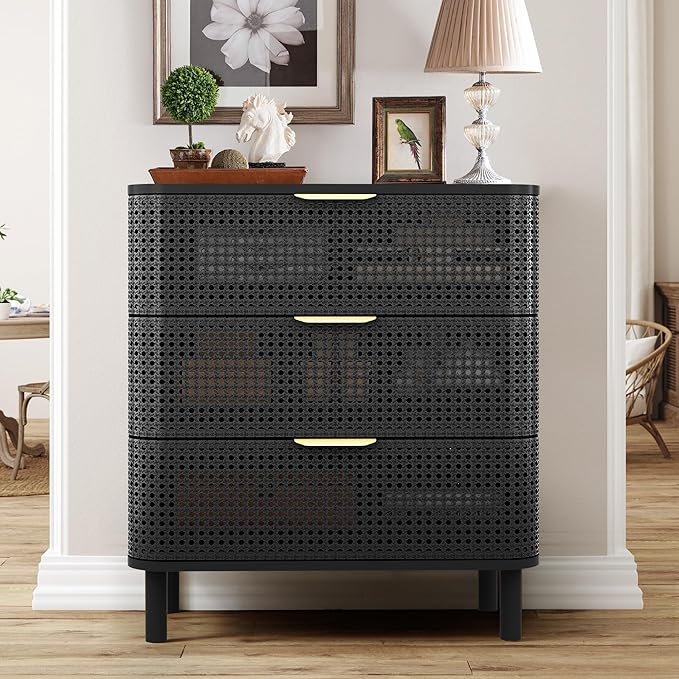 ORRD 3 Drawer Dresser, Modern Iron Rattan Cabinet Dresser for Bedroom, Large Nightstand Accent Storage Chest of Drawers for Living Room, Bedroom - Black