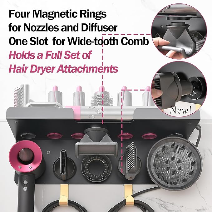 Wall Mount Holder for Dyson Styler Supersonic Hair Dryer, Nail-Free or Perforat Install, Organizer for Storage Attachments, Rack with Hooks for Accessories Nozzles Barrels Brushes