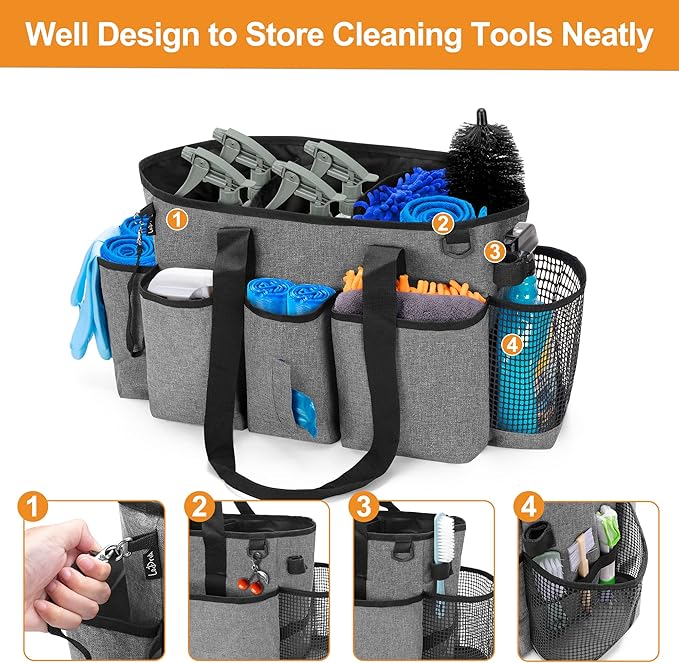LoDrid Professional Cleaning Tote Caddy for Cleaning Supplies, Cleaning Bag Organizer with Dividers and Handle Strap for Housekeepers Work, Gray, (Bag Only)