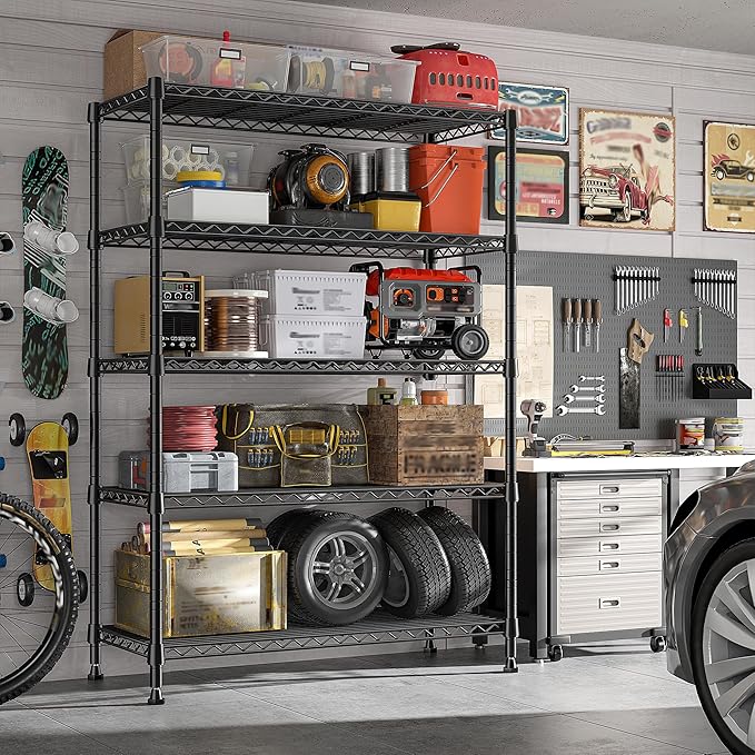 REIBII 1653LBS Storage Shelves with Wheels,76.1" H Metal Shelving 5-Tire Adjustable Wire Shelving Pantry Shelves for Garage Shelving, Pantry, Kitchen, Closet, Commercial,15.7" D x 35.4" Wx76.1 H