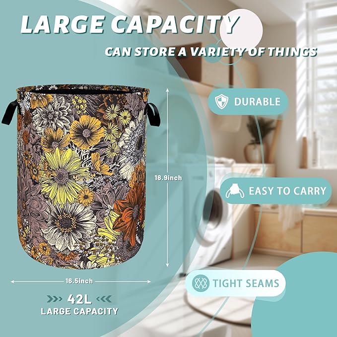 Retro Sunflower Flower Laundry Hamper With Handles Foldable Oxford Cloth Daisy Floral Tote Bag Colorful Laundry Basket Clothes Toy Storage Bucket 8.9"x16.5"For Bathroom/Laundry/Bedroom
