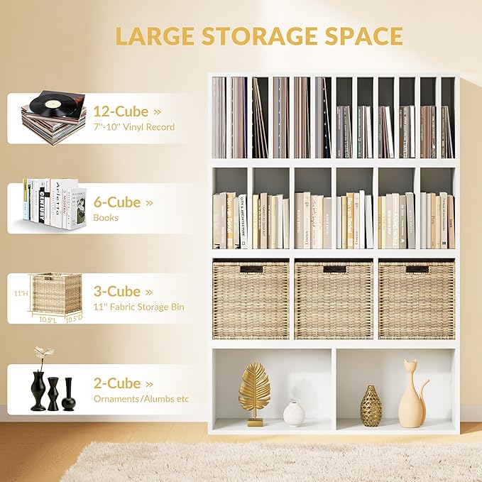 IOTXY DIY Modular Cube Bookcase - CubeXY Customizable Stackable Expandable Combination Set, 23-Cube Open Bookshelf for Books, Fabric Storage Bin, and Vinyl Record Organizer, White