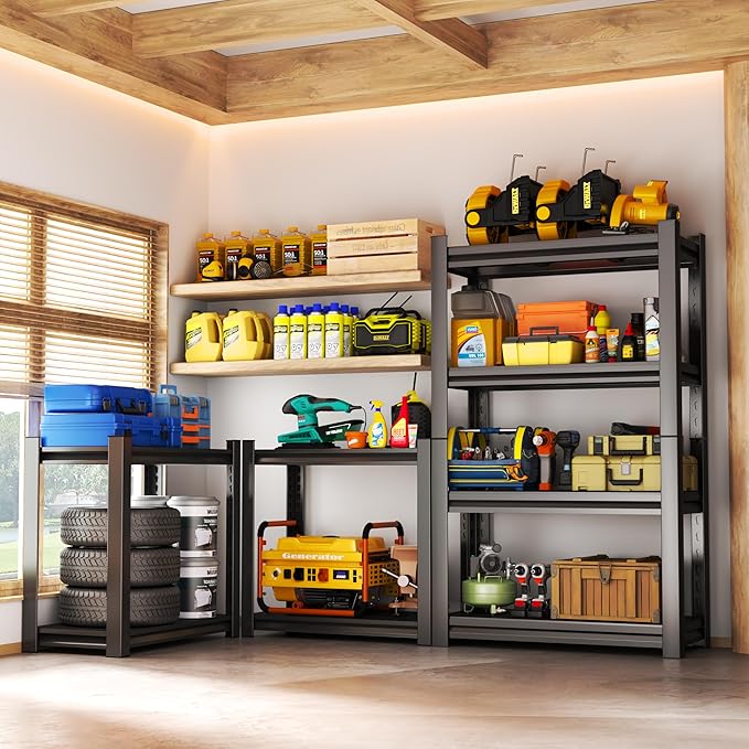 Storage Shelves, Garage Metal Shelving Unit, Adjustable, Double-Layer Column with Reinforced Ribs, Heavy-Duty, Capable of Bearing 2400 lbs, Suitable for Garage, Warehouse, Kitchen Storage