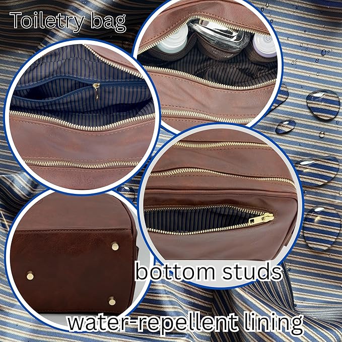 Dopp Gift Large Travel Toiletry Bag Premium Quality PU Leather Two compartments YKK Zippers Water-resistant Bottom Studs Mesh Pockets Durable Cosmetic Organizer DARK BROWN