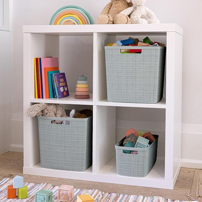 Curver Set of 8 Slim 6.8L Jute Decorative Plastic Organization and Storage Baskets - Perfect Bins for Home Office, Closet Shelves, Kitchen Pantry and All Bedroom Essentials, Grey