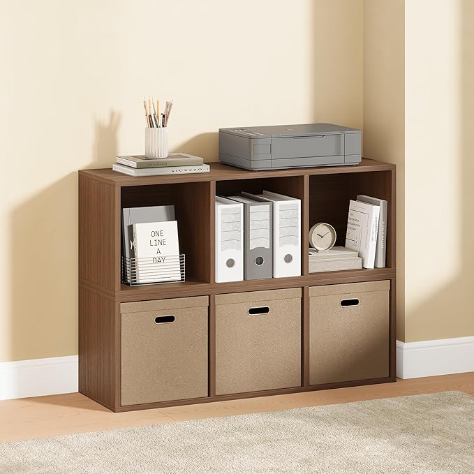 IOTXY DIY Modular Cube Bookcase - CubeXY Customizable Stackable Expandable Basic Shelving Units, 3-Cube Wooden Open Bookshelf for Fabric Storage Bin Organizer, Walnut