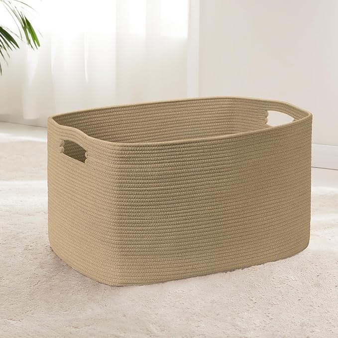 86L Large Wicker Laundry Basket for Living Room Storage,Boho Woven Cotton Rope Baskets for Kids Toy,Gifts,Square Blanket Hamper for Bedroom Dirty Clothes,Jute