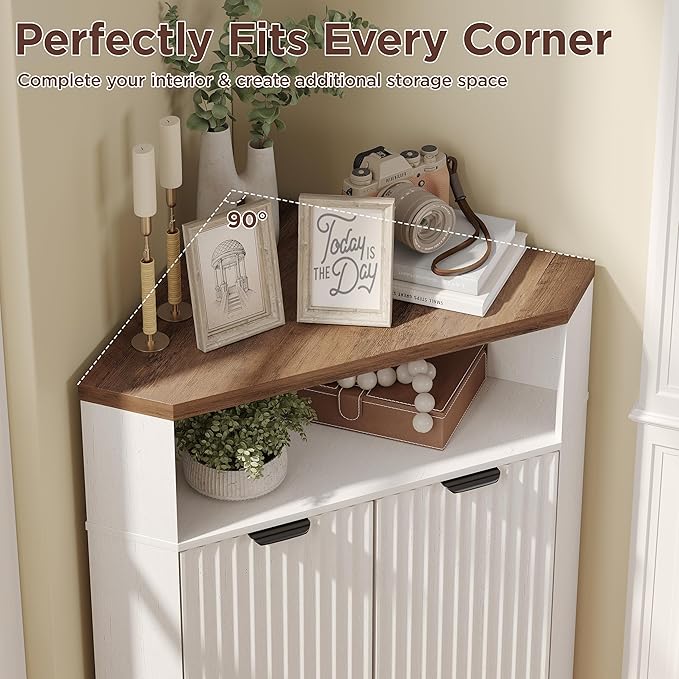 Vabches Corner Cabinet, Corner Bathroom Cabinet with Open Storage, Modern Fluted Storage Cabinet with 2 Doors and Adjustable Shelf, Home Space Saver for Bathroom, Kitchen, Living Room, Pantry, White