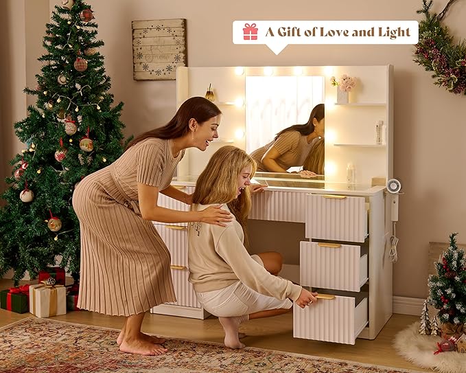 AMERLIFE 47.2" Fluted Vanity Desk with Mirror and Adjustable LED Lights, Large 7 Drawers Makeup Table with Glass Top and Charging Station for Women and Girls, Bedroom or Dorm, White
