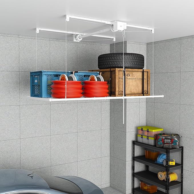3x6FT Overhead Garage Storage Rack for High Ceilings 10-12 FT, Adjustable Garage Organization System, Heavy Duty Ceiling Storage Racks with Safety Lock,270LBS Capacity,White