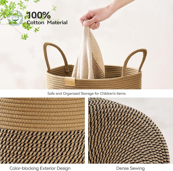 Laundry Hamper 62L,Large Laundry Basket for Clothes,Decorative Storage Basket for Blankets,Cotton Rope Woven basket for bedroom,Dark Brown