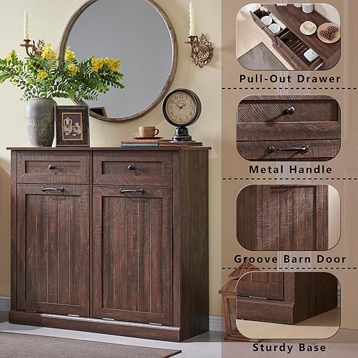 Double Tilt Out Trash Cabinet, 20 Gallon Farmhouse Laundry Hamper Cabinet with 2 Drawers, Hidden Wooden Trash Can Cabinets with Storage Basket for Kitchen, Living Room (Brown)