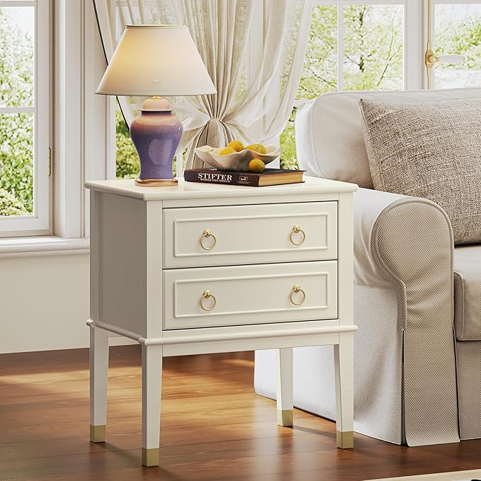 Huuger 27.6 Inch Tall Nightstand with Charging Station, USB-C Port, 2 Drawers Bedside Table, Larger Night Stand with 11.4 Inch Raised Legs, Painted Side Table End Table, for Bedroom, Milky White