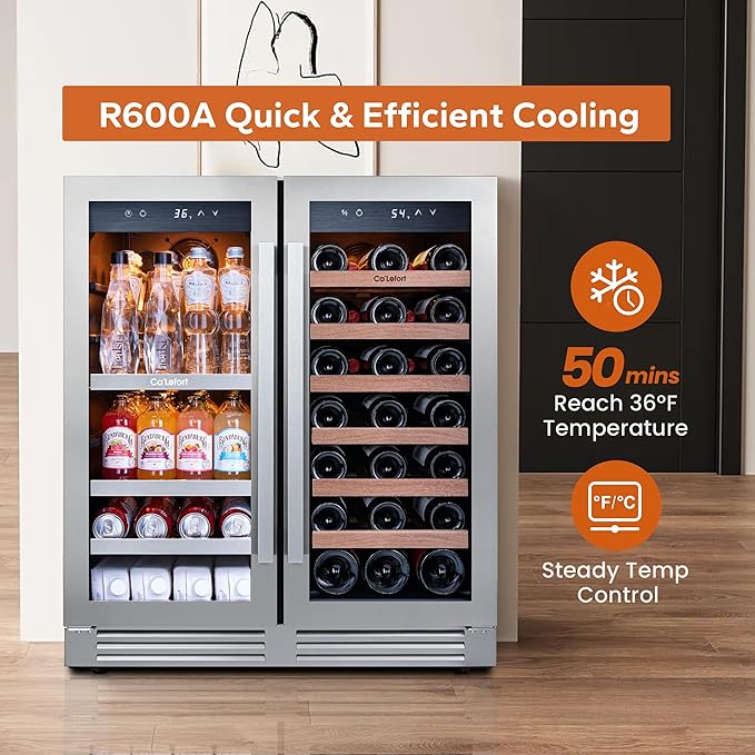 Ca'Lefort 30 Inch Wine and Beverage Refrigerator, 80 Can and 33 Bottle Wine Fridge Dual Zone 36-72°F, 3 LED Beverage Fridge Built in or Freestanding, Perfect for Home/Kitchen(6.00 cu.ft)