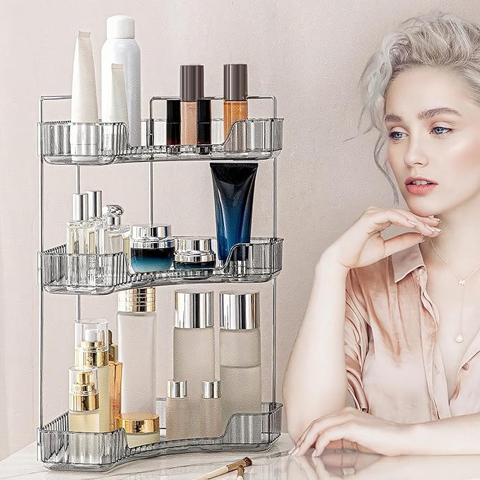 Corner Bathroom Countertop Organizer, Vanity Organizer Trays for Counter, Makeup Organizers, Perfume Tray, Skincare Shelf Storage Gifts for Women Girl Student (Smoky Gray 3 Tiers)