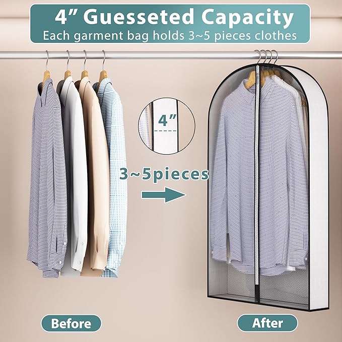 40” Garment Bags for Hanging Clothes 4” Gusseted - with Clear Window, Breathable Fabric, Metal Zipper, Suit Coat Dress Protector for Clothes Closet storage, Season Off, Moving, 5 Pack