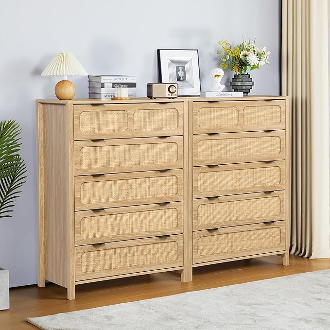 5 Drawer Dresser with Rattan Finish, Modern Farmhouse Chest of Drawers with Metal Handles, Accent Wood Storage Cabinet for Bedroom, Living Room (Natural)