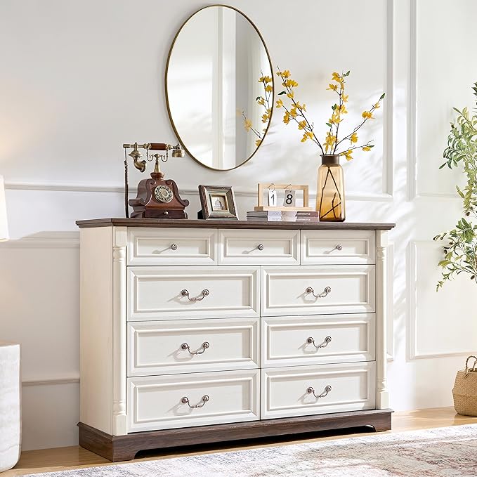Farmhouse 9 Drawer Dressers for Bedroom, 54" Wood Chest of Drawers, Big Dressers with deep Drawers & Roman Column, Antique White
