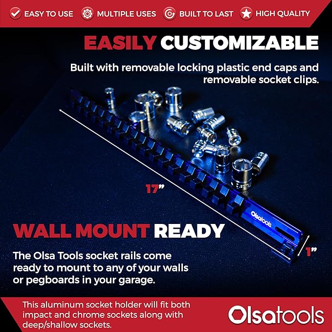 Olsa Tools Aluminum Socket Organizer with Locking End Caps - 3/8-Inch Drive - Blue Socket Holder Rails for Chrome or Impact Sockets - Compact and Durable Socket Storage Solution - Part: 1175