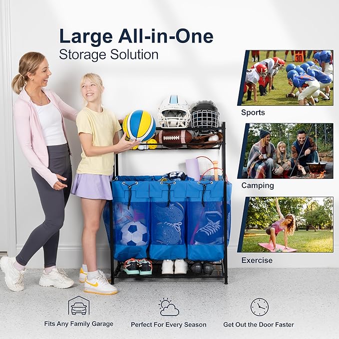 KASSELL Garage Sports Organizer Storage rack for sports equipment Ball, Heavy Duty Toy and Gear Storage Organizer with Grab and go bags (Blue)