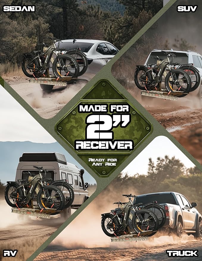 Young Bike Rack Hitch Mount - Bicycle Car Racks for Car SUV Truck RV, for 2 E-Bikes, 200lbs Capacity Fat Tire, Foldable Anti-Wobble, 2" Receiver, Camo Cargo Rack