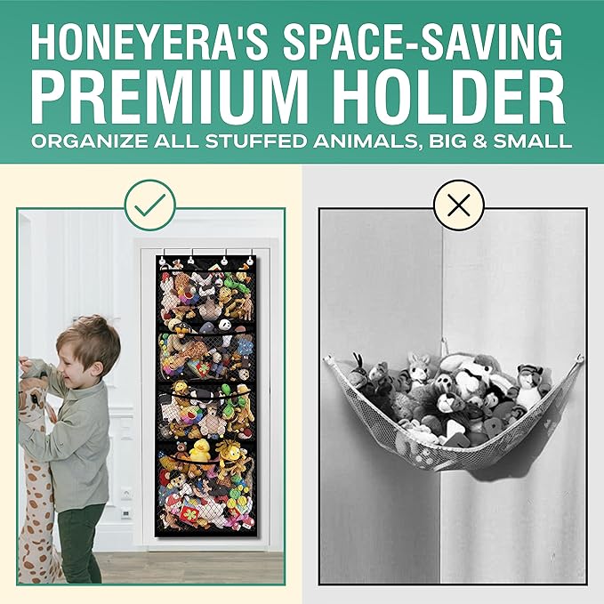 Honeyera The Original Stuffed Animal Storage (Patented) - Over Door Organizer for Stuffies, Toy Plush/Hammock Baby Hanging Storage Net Big Girls Toddler Large Bag Animals (Black)