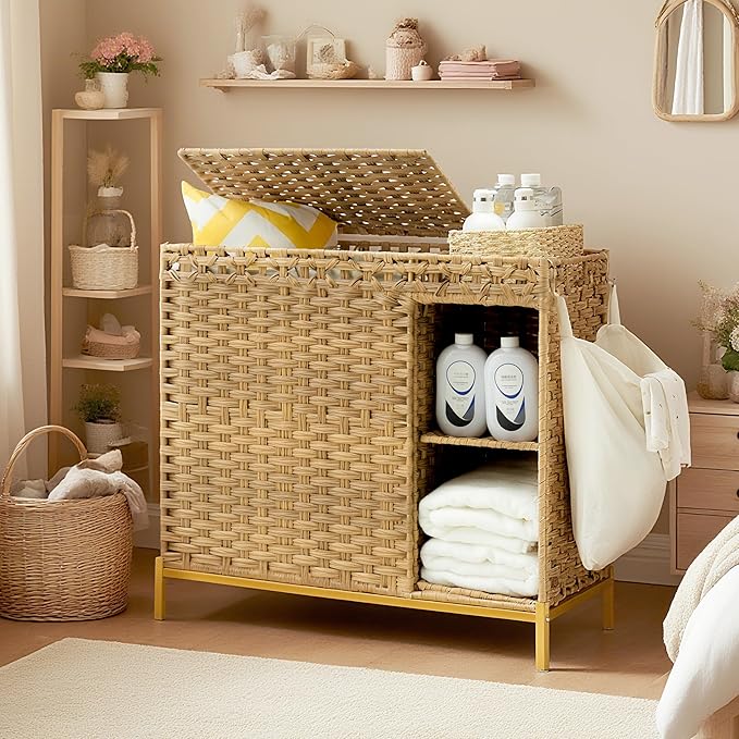 Laundry Hamper with Lid, 110L (29.1 Gal) Rattan Laundry Hamper 2 Section with 50L (13.2 Gal) Storage Shelf, Wicker Woven Laundry Sorter Basket with 3 Liner Bags and Handles, Natural GLH002N