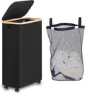 75L Slim Laundry Hamper with Wheels,Clothes Hamper for Laundry,Laundry Basket with Lid & Inner Bag,for Laundry Room, Bedroom, Dormitory Organization,Black