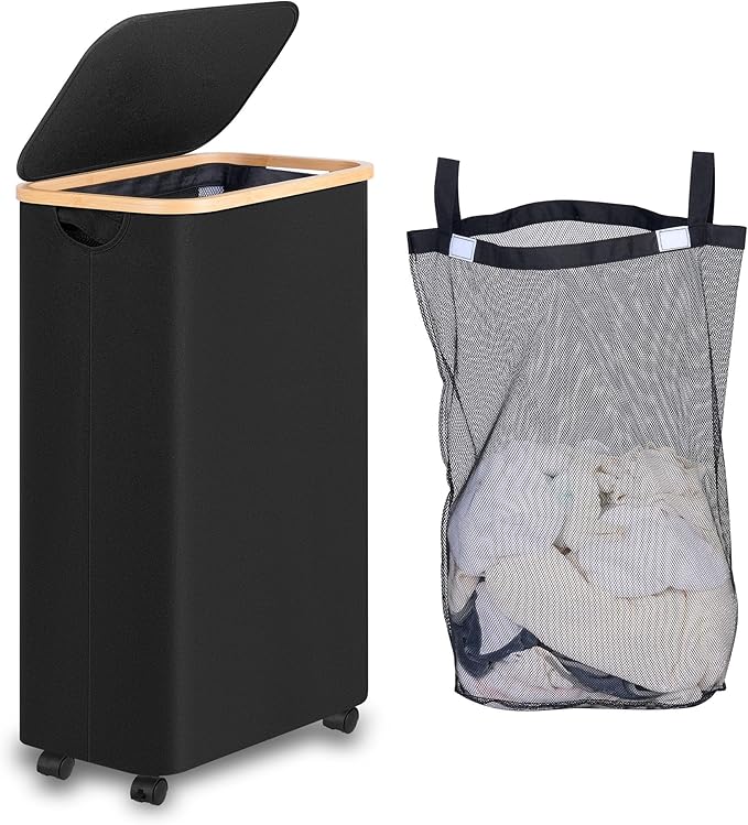 75L Slim Laundry Hamper with Wheels,Clothes Hamper for Laundry,Laundry Basket with Lid & Inner Bag,for Laundry Room, Bedroom, Dormitory Organization,Black