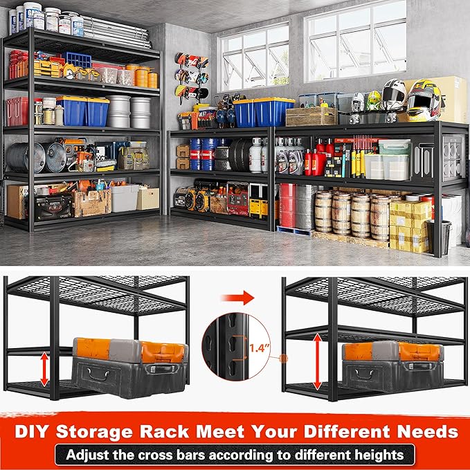 REIBII 78" H Garage Shelving, 5 Tier Storage Shelves Heavy Duty, 3000LBS Industrial Shelf, Adjustable Metal Shelving for Garage, Warehouse, School, Commercial, Business, 55.2" W x 78" H x 26" D
