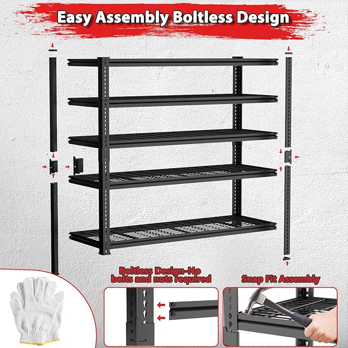 Storage Shelves, Garage Shelving Heavy Duty 3300 LBS Capacity, 60" L x 24" W x 78" H Adjustable Metal Shelving Organizer Wire Rack, 5 Tier Utility Shelf Unit for Pantry Closet Warehouse Organization