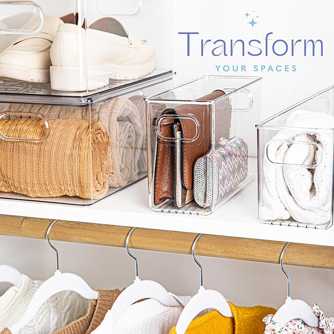 primebox Plastic Food Storage 6 Pack Clear Container Bin with Handles for Organizing Kitchen, Pantry, Refrigerator, Freezer, Pantry, Cabinet, Closet, Bathroom. 10”x4”x6”