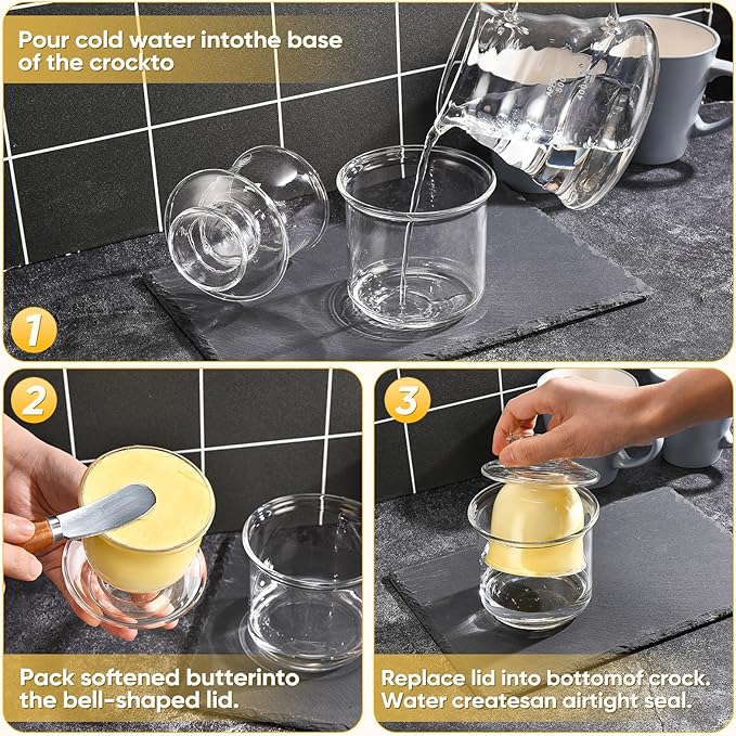 Butter Crock, Elegant Crystal Glass French Butter Dish for Fresh Spreadable Butter, Butter Keeper, Glass Butter Keeper to Leave On Counter, Transparent