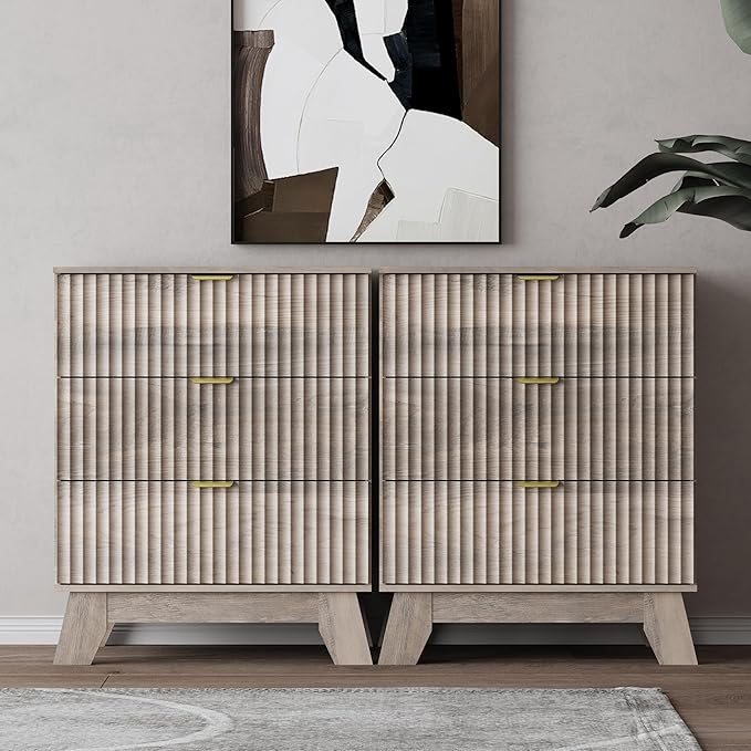 Grey Night Stand with 3 Drawers, Bedside Table & End Table, 24" Wide Mid Century Modern Fluted Wood Nightstand with Metal Handles, Farmhouse Night Stands for Bedroom, Gray
