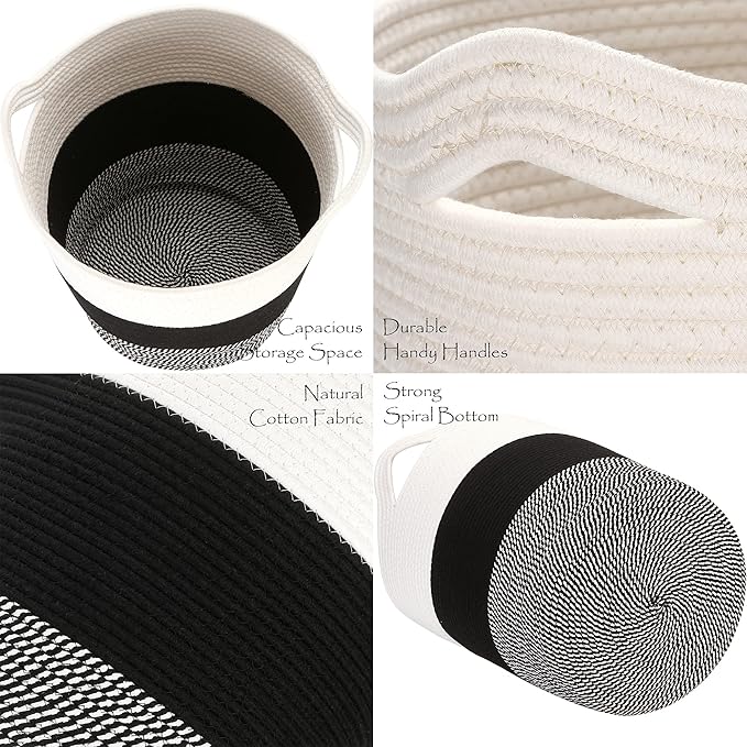 Sea Team Large Size Cotton Rope Woven Storage Basket with Handles, Laundry Hamper, Fabric Bucket, Drum, Clothes Toys Organizer for Kid's Room, 20 x 14 inches, Round Open Design, White & Mottled Black