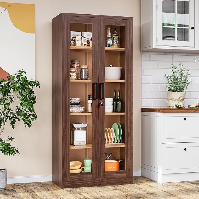 Metal Storage Cabinet with Lock and Glass Doors,Glass Display Cabinet,Tall Storage Cabinets,Locking Curio Cabinets with 5 Shelves for Collectibles,Home,Office,Living Room