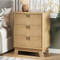 Fluted Nightstand with 3 Storage Drawers, 24" Wide Wood Bedside Table with Mental Handle, Mid Century Modern Wooden Side Table Night Stand, Curved End Table for Bedroom, Living Room, Oak