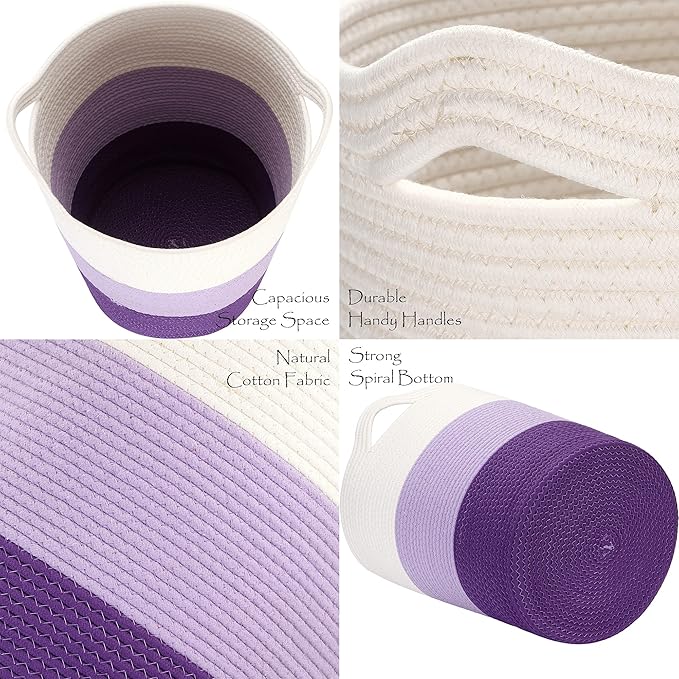 Sea Team Large Size Cotton Rope Woven Storage Basket with Handles, Laundry Hamper, Fabric Bucket, Drum, Clothes Toys Organizer for Kid's Room, 20 x 14 inches, Round Open Design, White & Purple