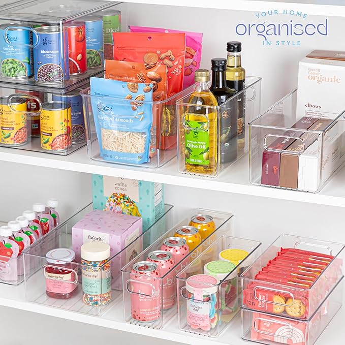 primebox Plastic Food Storage 4 Pack Clear Container Bin with Handles for Organizing Kitchen, Pantry, Refrigerator, Freezer, Pantry, Cabinet, Closet, Bathroom. 16”x8”x5”