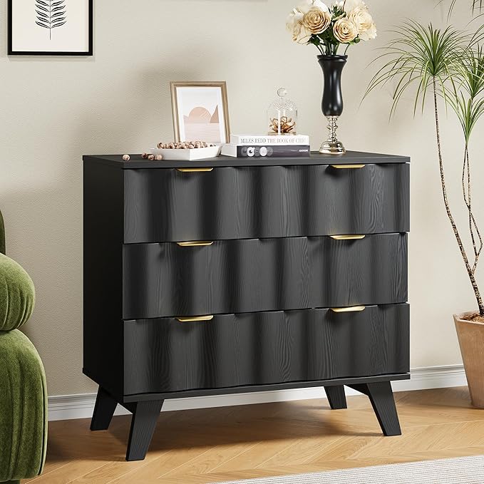 3 Drawer Dresser, Fluted Chest of Drawers with Handles for Closet, Large Nightstand with 3 Drawers Accent Cabinet for Bedroom, Living Room, Hallway (Black)