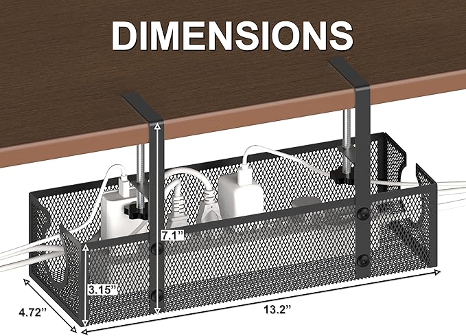 Under Desk Cable Management Tray - No Drill or Screw Mount Option, Heavy Duty Metal Cord Organizer Rack, Power Strip Holder for Office & Home