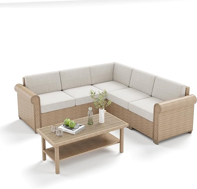 Patio Furniture Set, 6 Piece Outdoor Rattan Wicker Sectional Conversation Set with 5.5" Thick Waterproof Cushions and Coffee Table for Deck Backyard