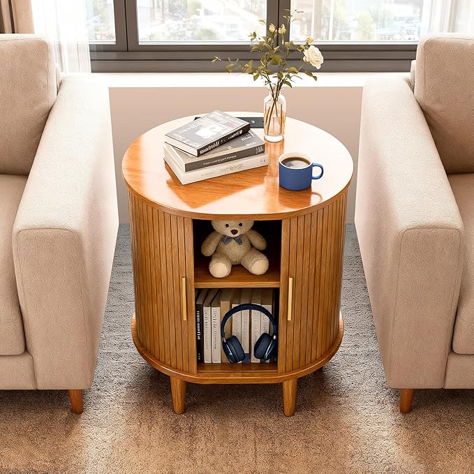 Nightstand with Charging Station, Fluted Accent Side Table with Sliding Door & Adjustable Shelf, Mid-Century Modern End Table for Small Space, Living Room, Bedroom (1, Yellow Walnut)